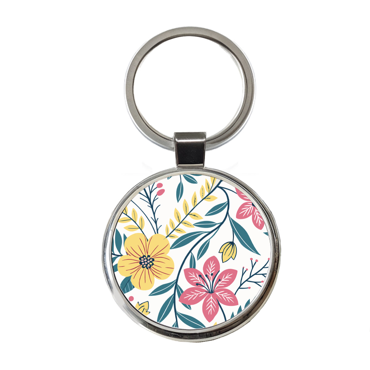 Pretty Flowers Floral Motif Colorful Round Metal Keychain