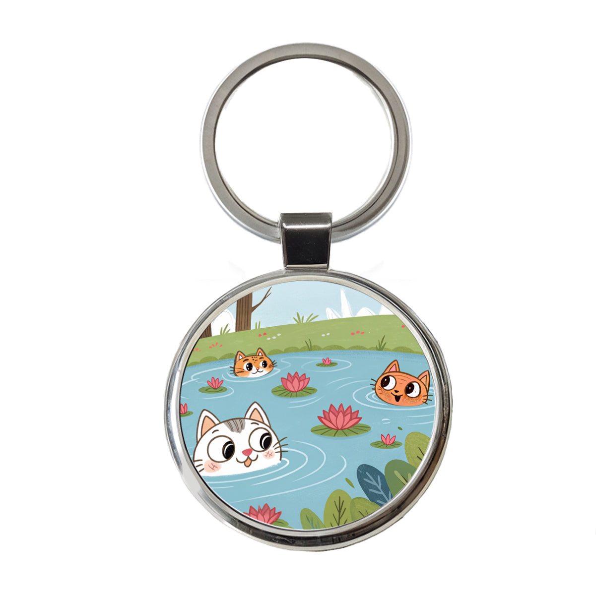 Cats Swimming In Pond Cute Round Metal Keychain