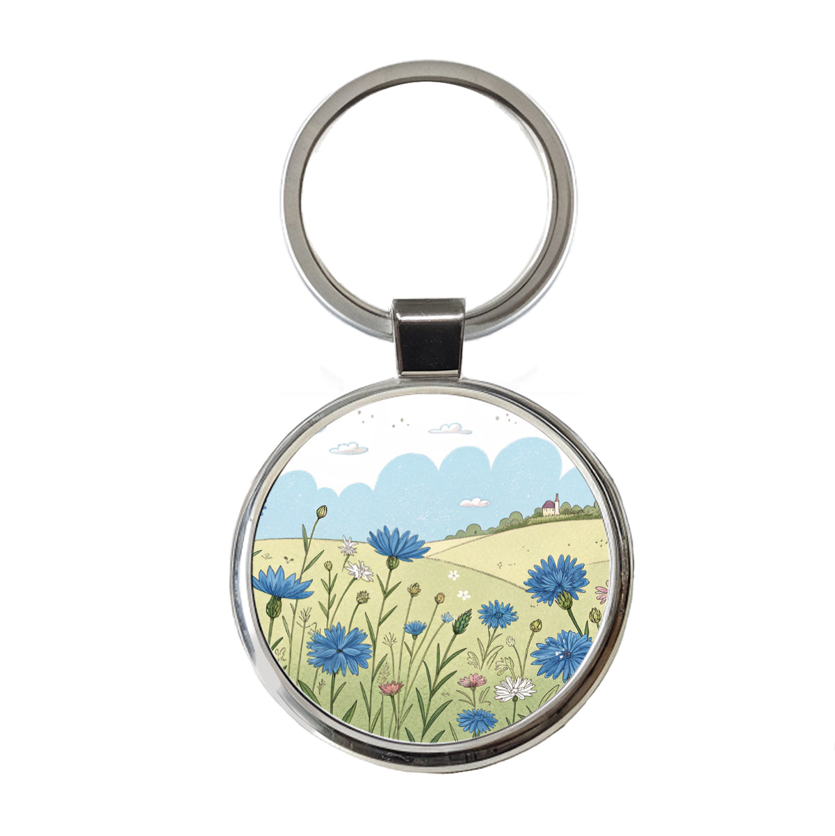 Field Of Cornflowers Flowers Round Metal Keychain