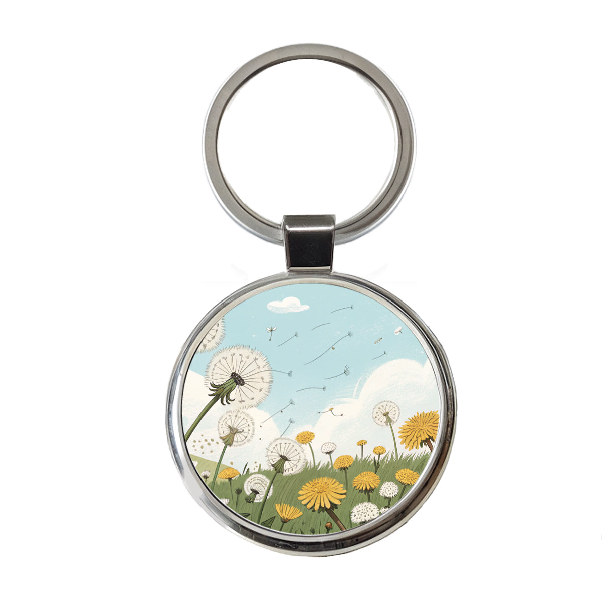 Field Of Dandelions Flowers Round Metal Keychain
