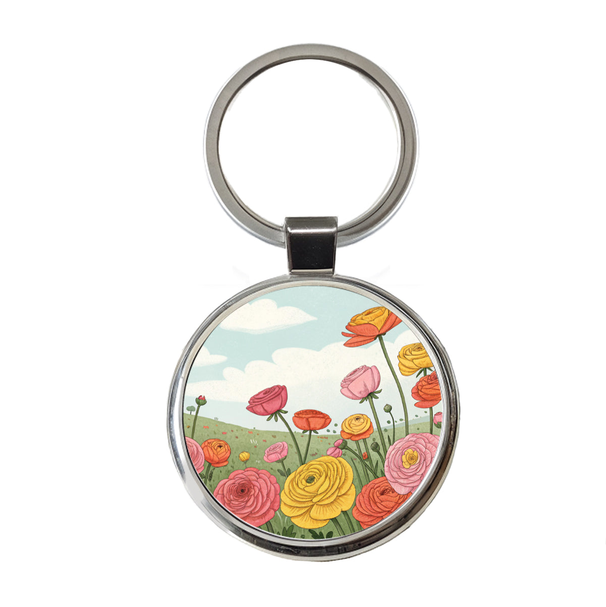 Field Of Ranunculus Flowers Round Metal Keychain