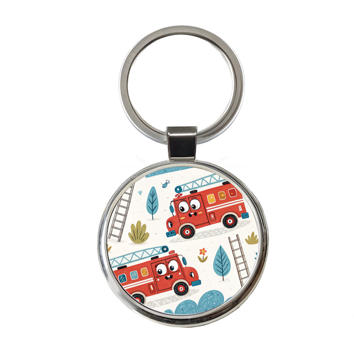 Firetrucks Cartoon Style Round Metal Keychain