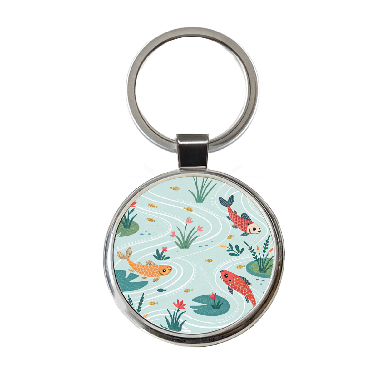 Fish Swimming In Pond Round Metal Keychain