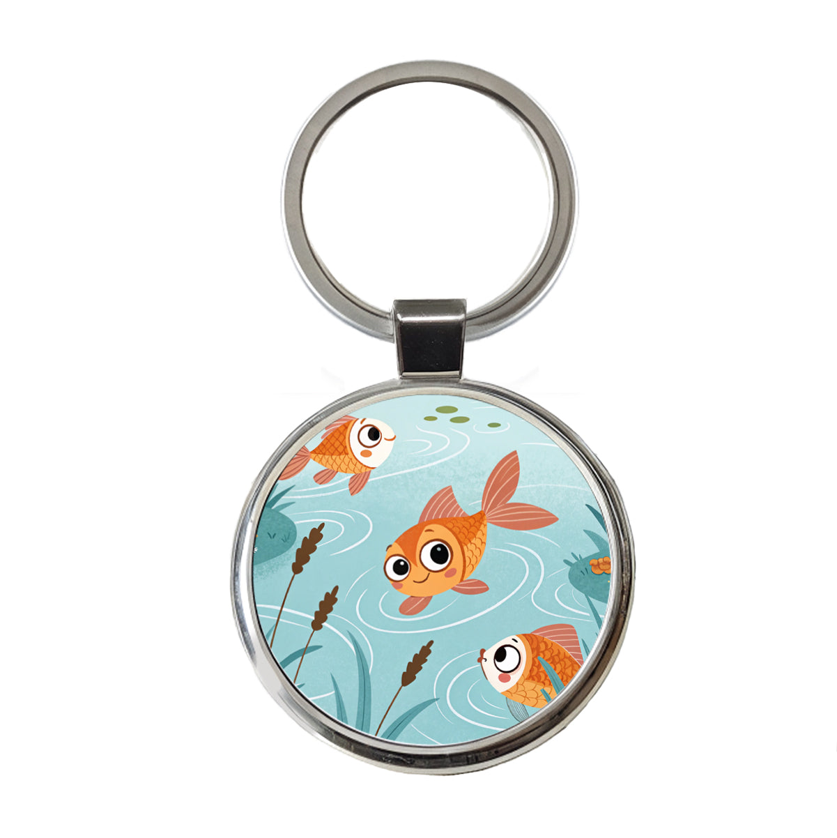 Gold Fish Swimming In Pond Round Metal Keychain