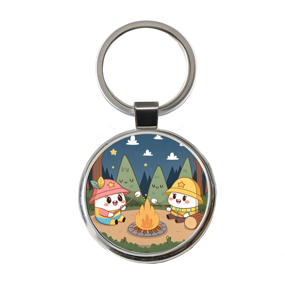 Kawaii Camping Roasting Marshmallows Round Metal Keychain