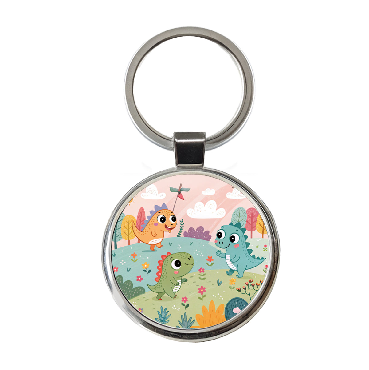 Kawaii Dinosaurs Round Metal Keychain