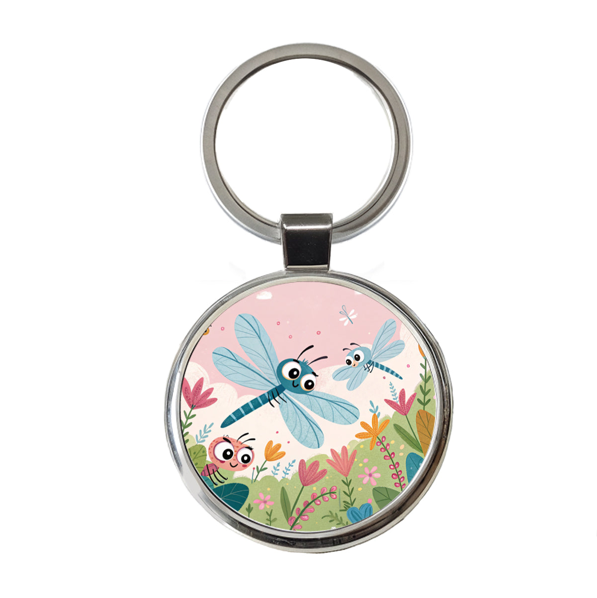 Kawaii Dragonflies Round Metal Keychain