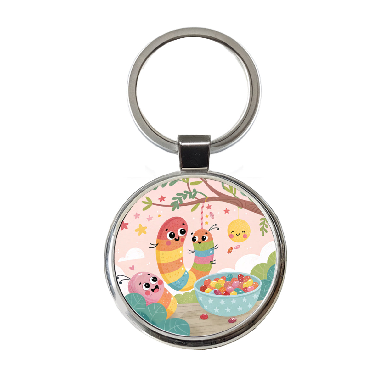 Kawaii Gummi Worms Jelly Beans Round Metal Keychain