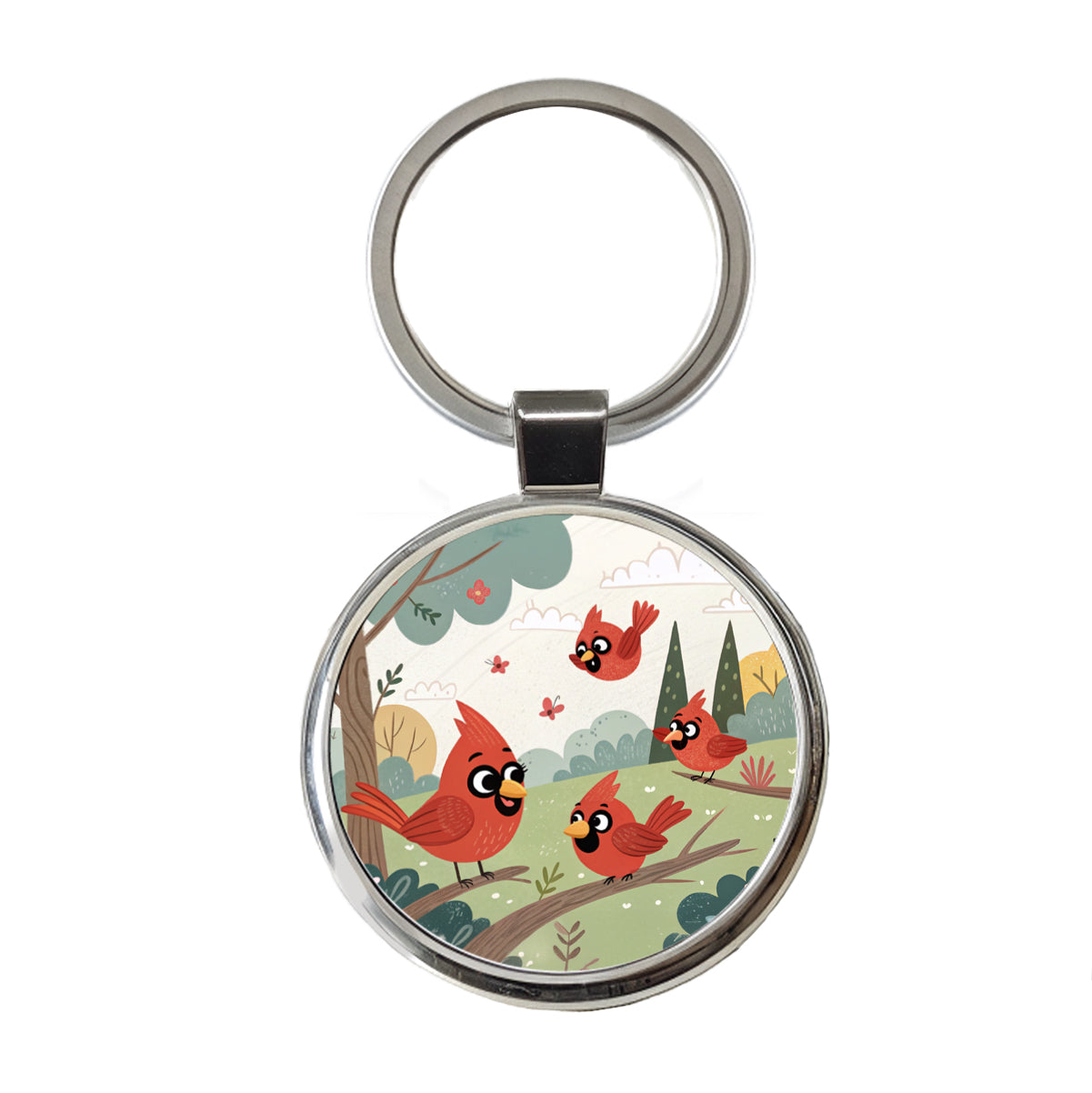 Kawaii Red Cardinals Birds Round Metal Keychain