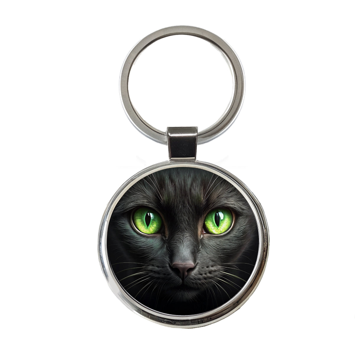 Black Cat with Green Eyes Round Metal Keychain