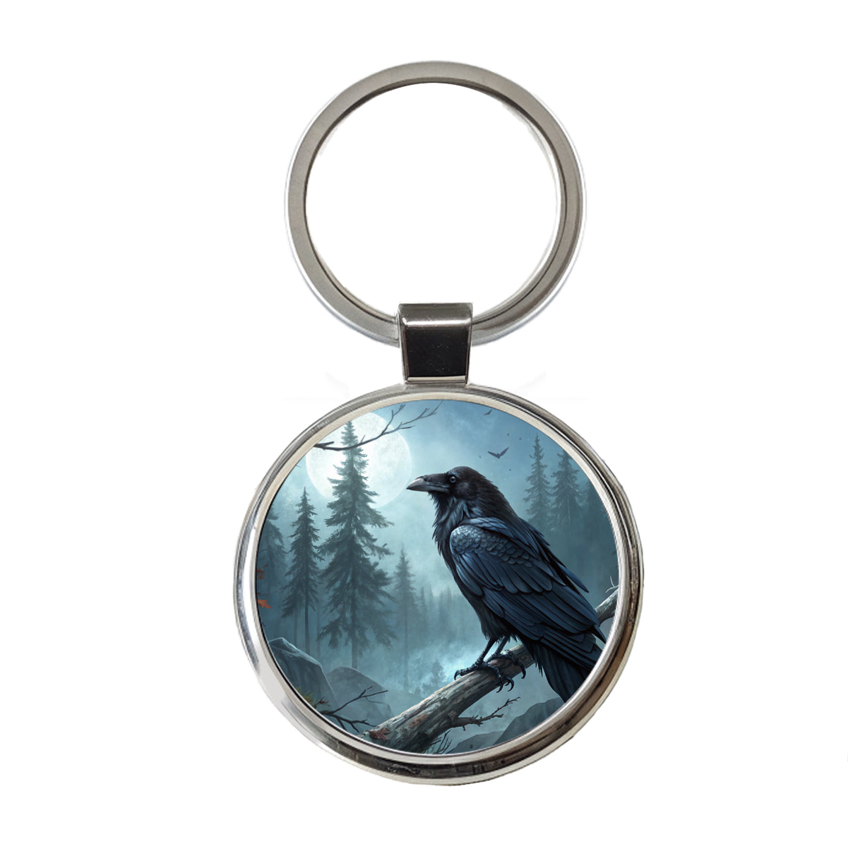 Black Raven at Night Under a Full Moon Round Metal Keychain