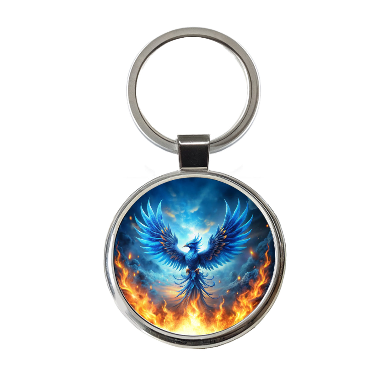 Blue Flaming Phoenix Rising From Ashes Fantasy Bird Round Metal Keychain
