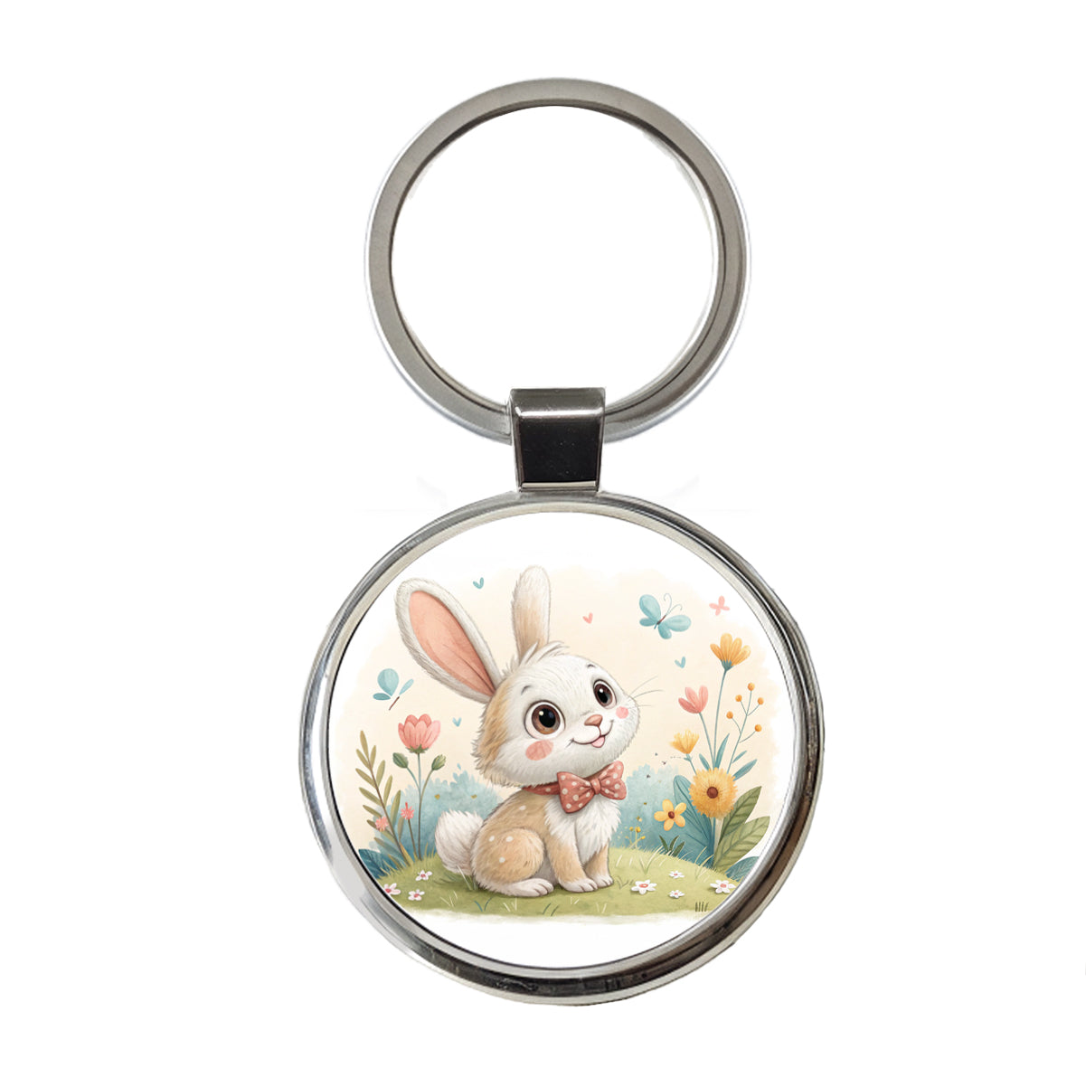 Bunny Rabbit Children's Illustration Style Round Metal Keychain