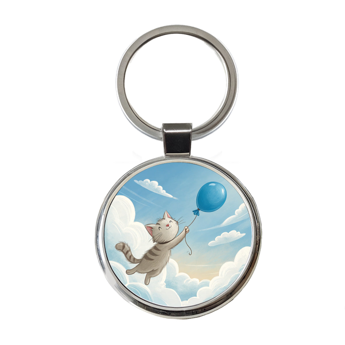 Cat Carried by Blue Balloon into the Sky Round Metal Keychain