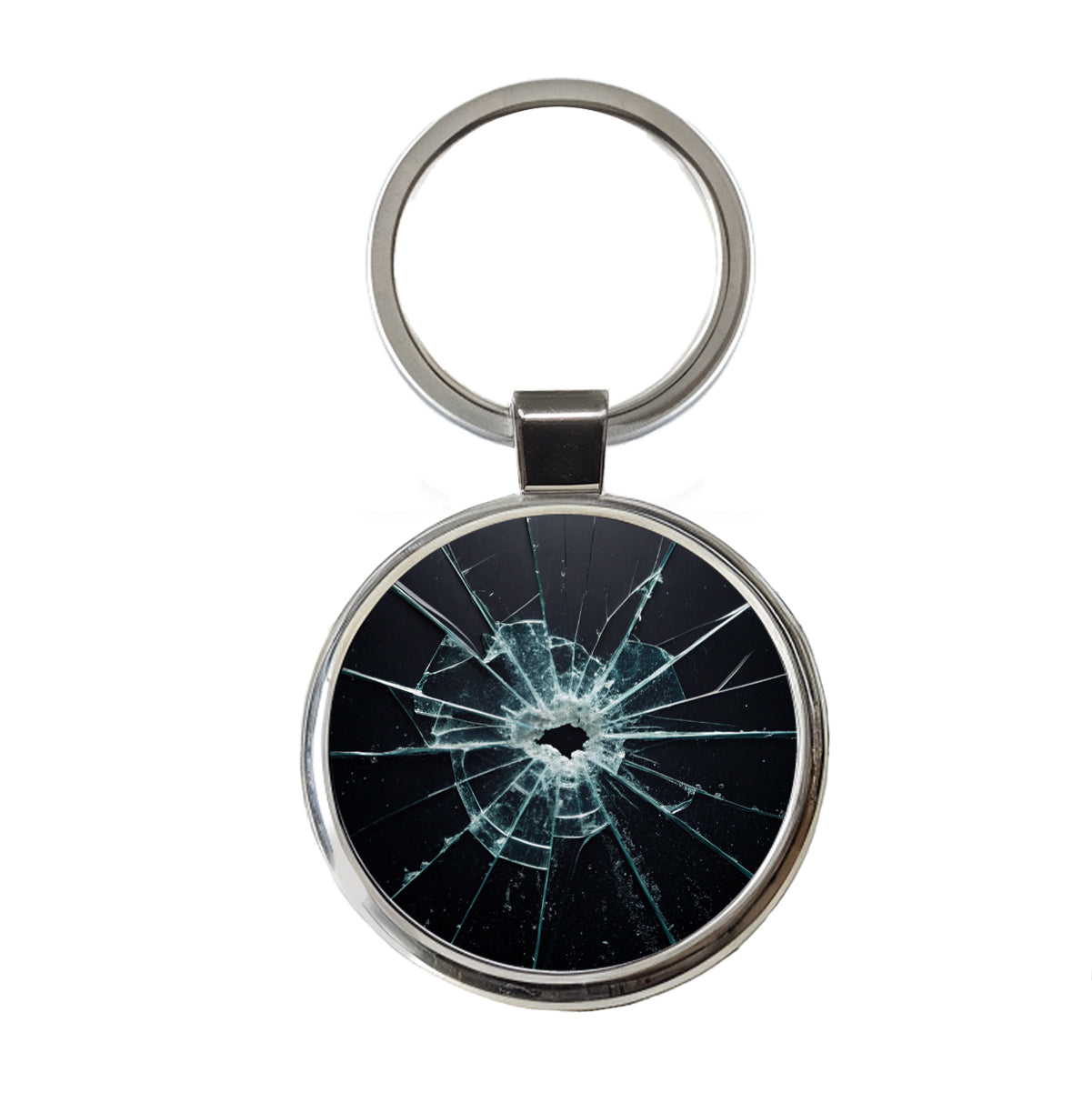Close-Up Of Broken Pane Of Glass Round Metal Keychain