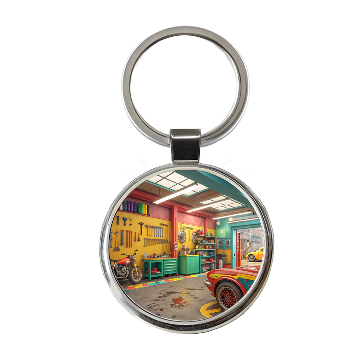 Colorful Mechanic's Garage Round Metal Keychain