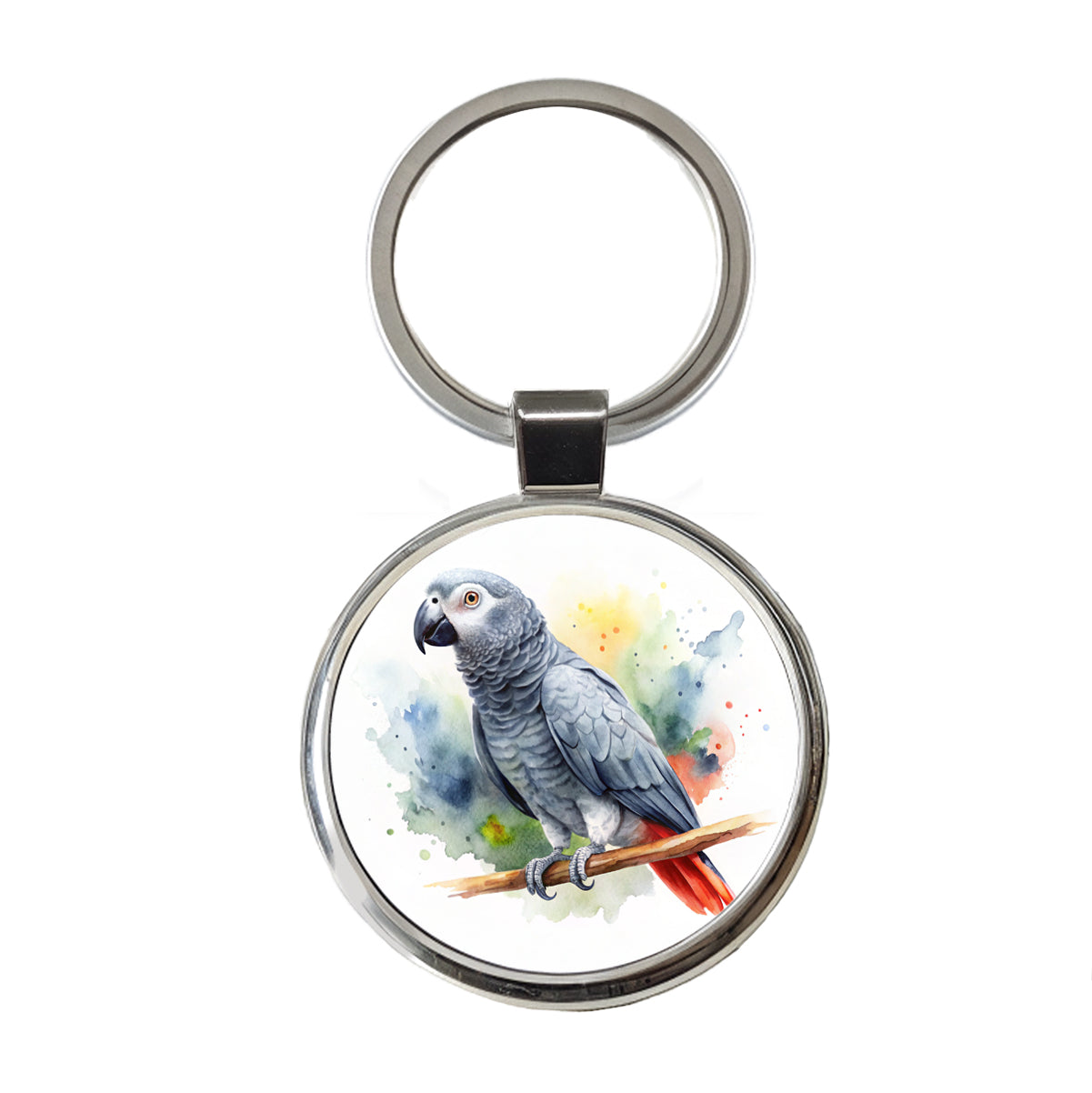 Congo African Grey Parrot Watercolor Round Metal Keychain