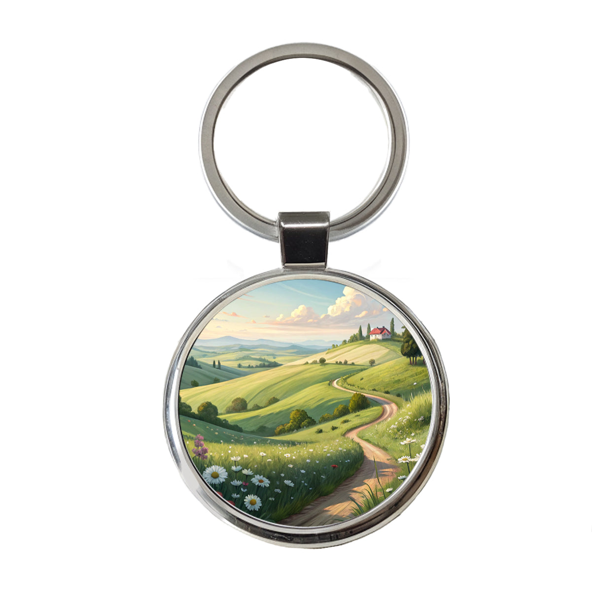 Countryside Pastoral Landscape Round Metal Keychain