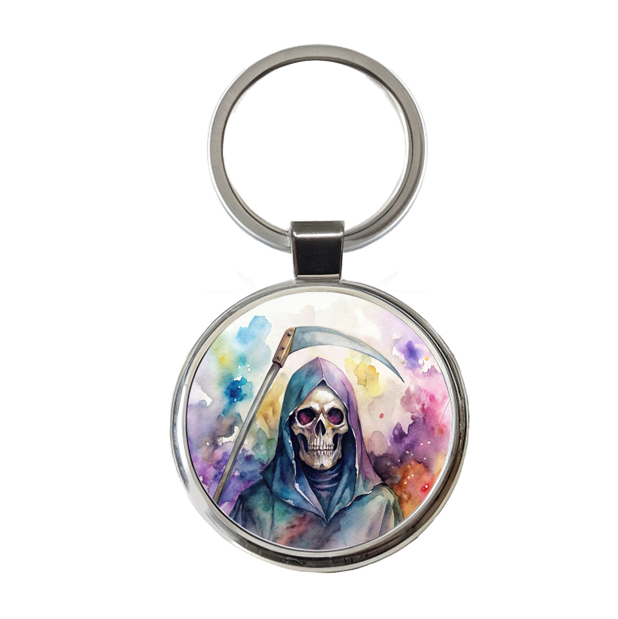 Death Grim Reaper Watercolor Halloween Round Metal Keychain