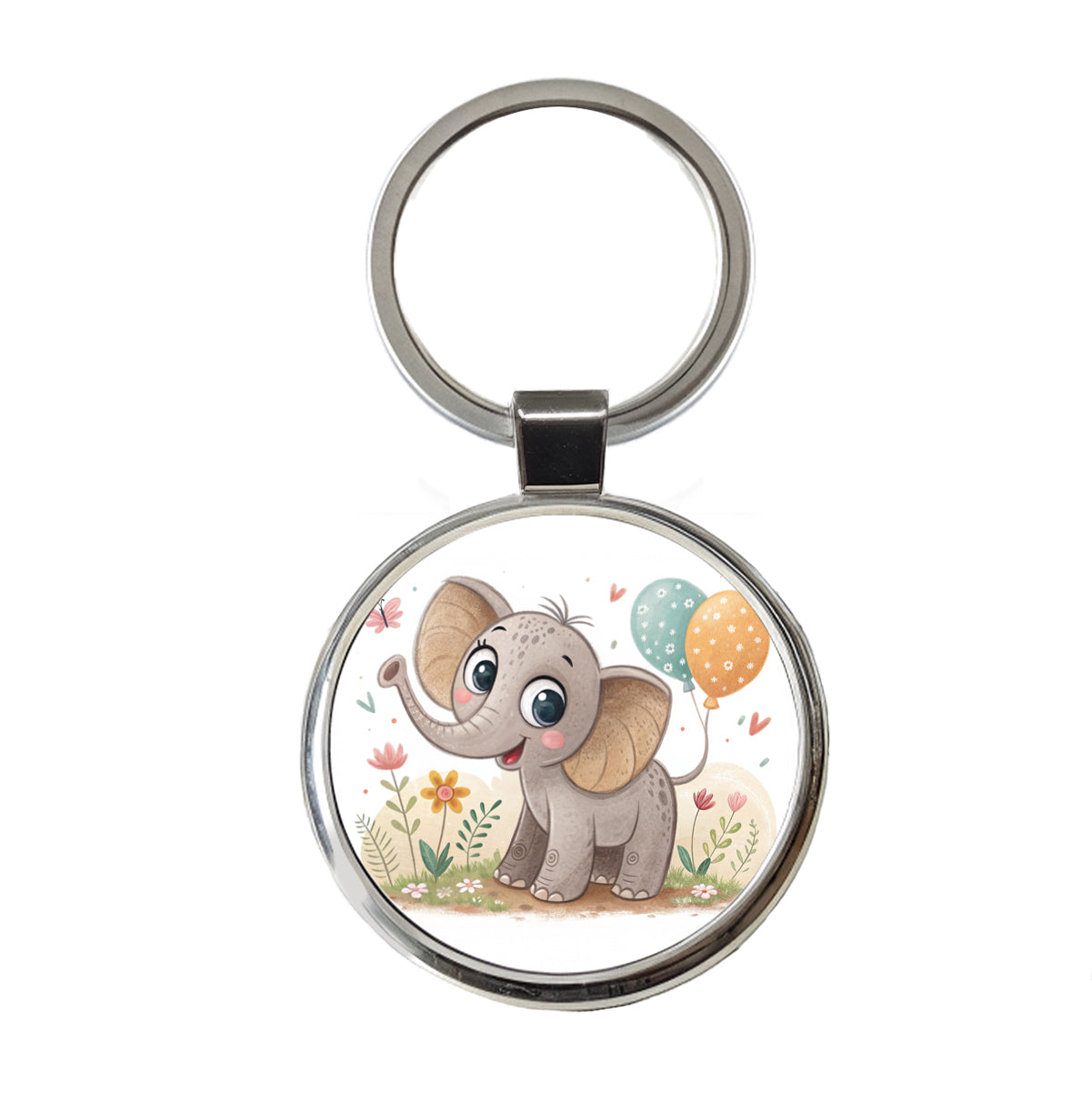 Elephant Children's Illustration Style Round Metal Keychain