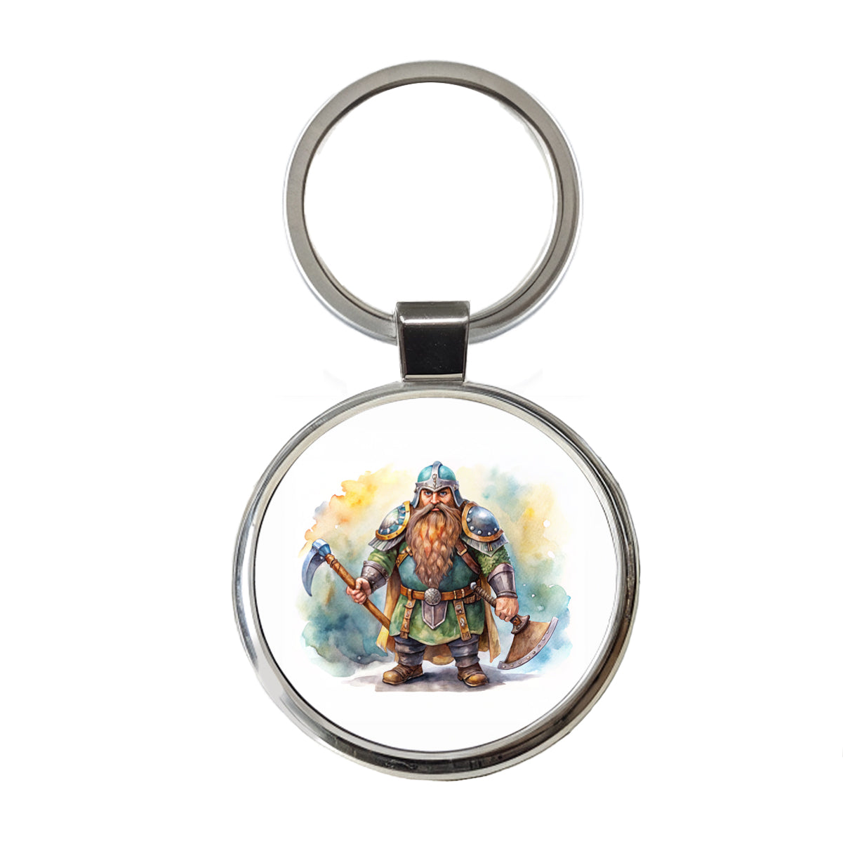 Fantasy Dwarf Fighter Warrior Tank Watercolor Round Metal Keychain