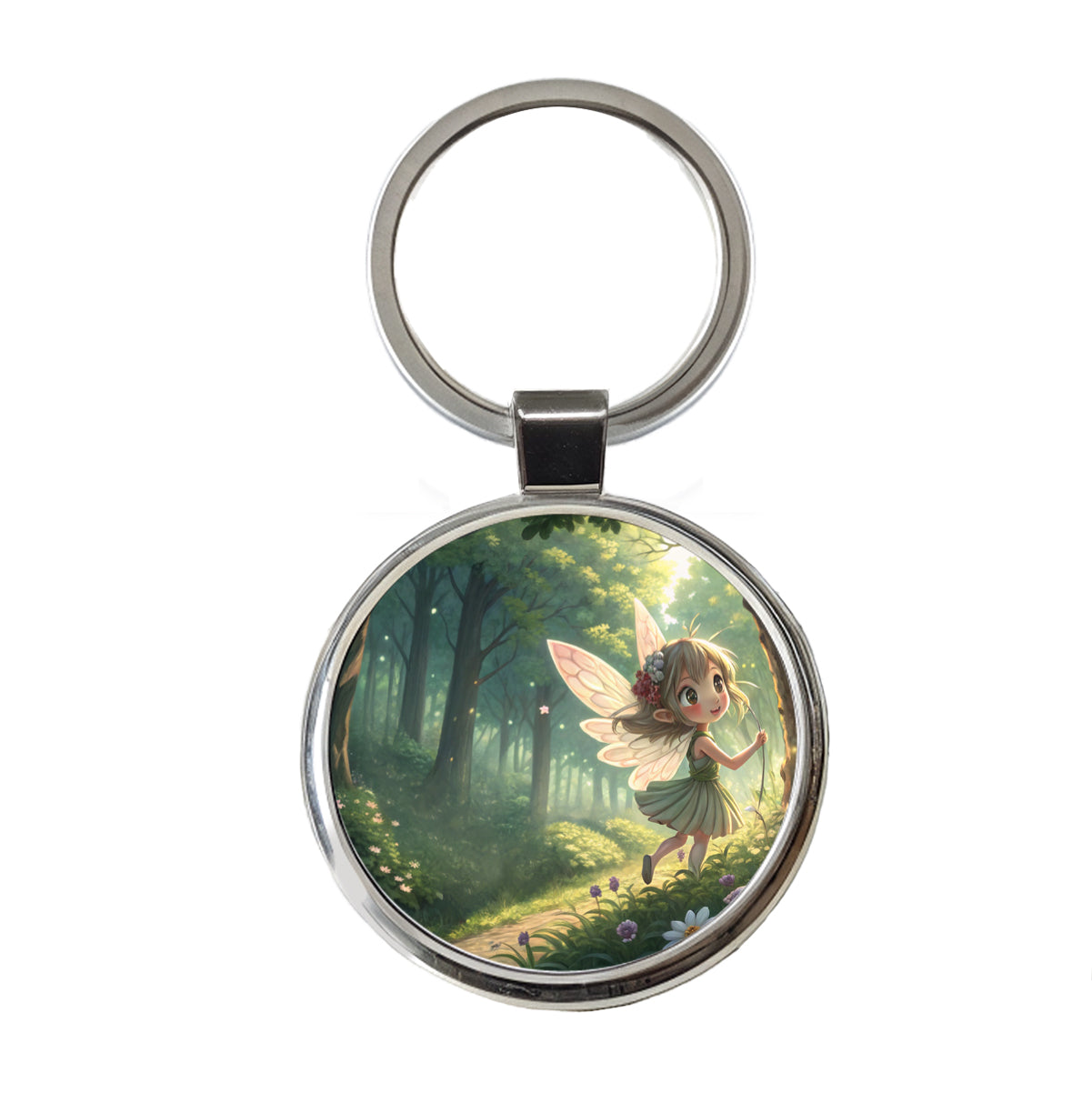 Fantasy Forest Pixie Girl Anime Style Round Metal Keychain