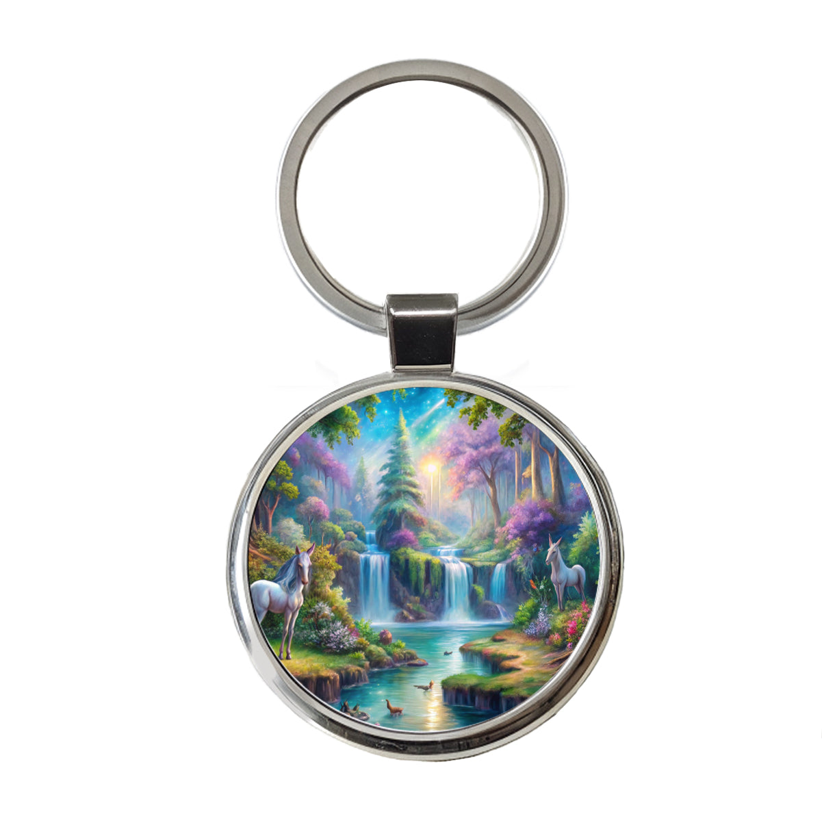 Fantasy Forest Waterfalls and White Horses Watercolor Round Metal Keychain