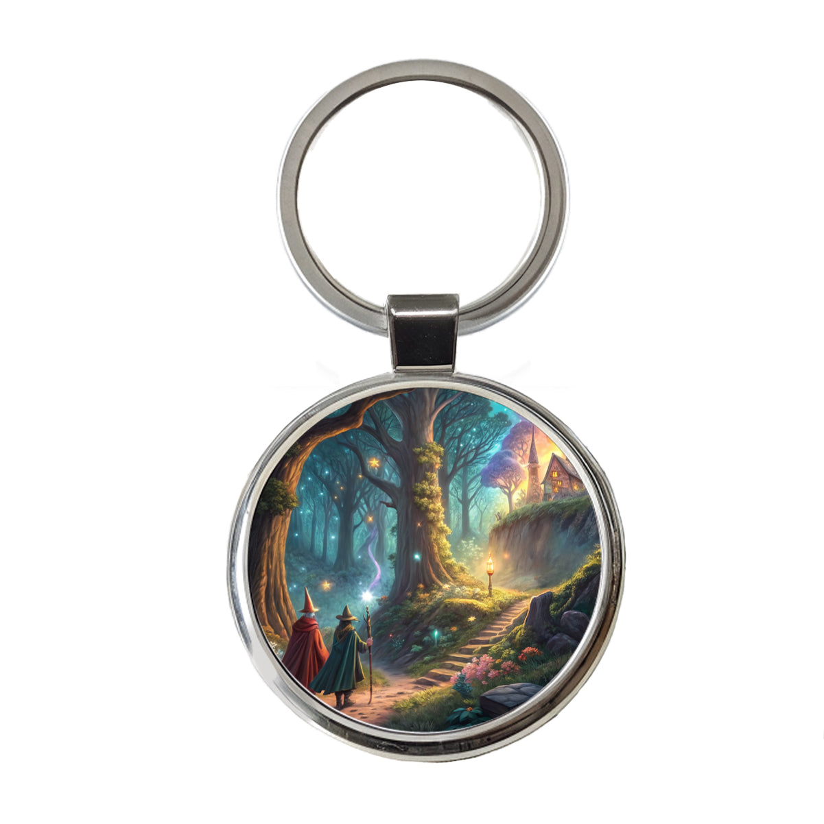Fantasy Forest with Wizards Round Metal Keychain