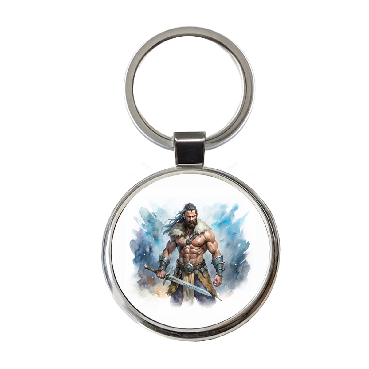 Fantasy Male Barbarian With Two-Handed Sword Round Metal Keychain