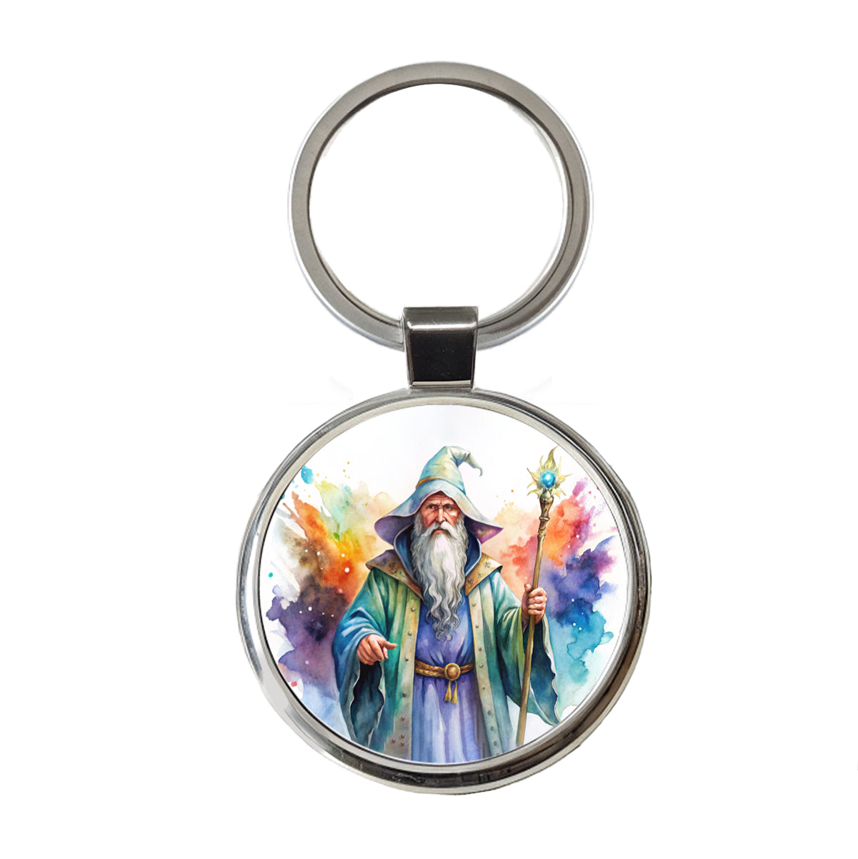 Fantasy Wizard Magician Magic User Watercolor Round Metal Keychain