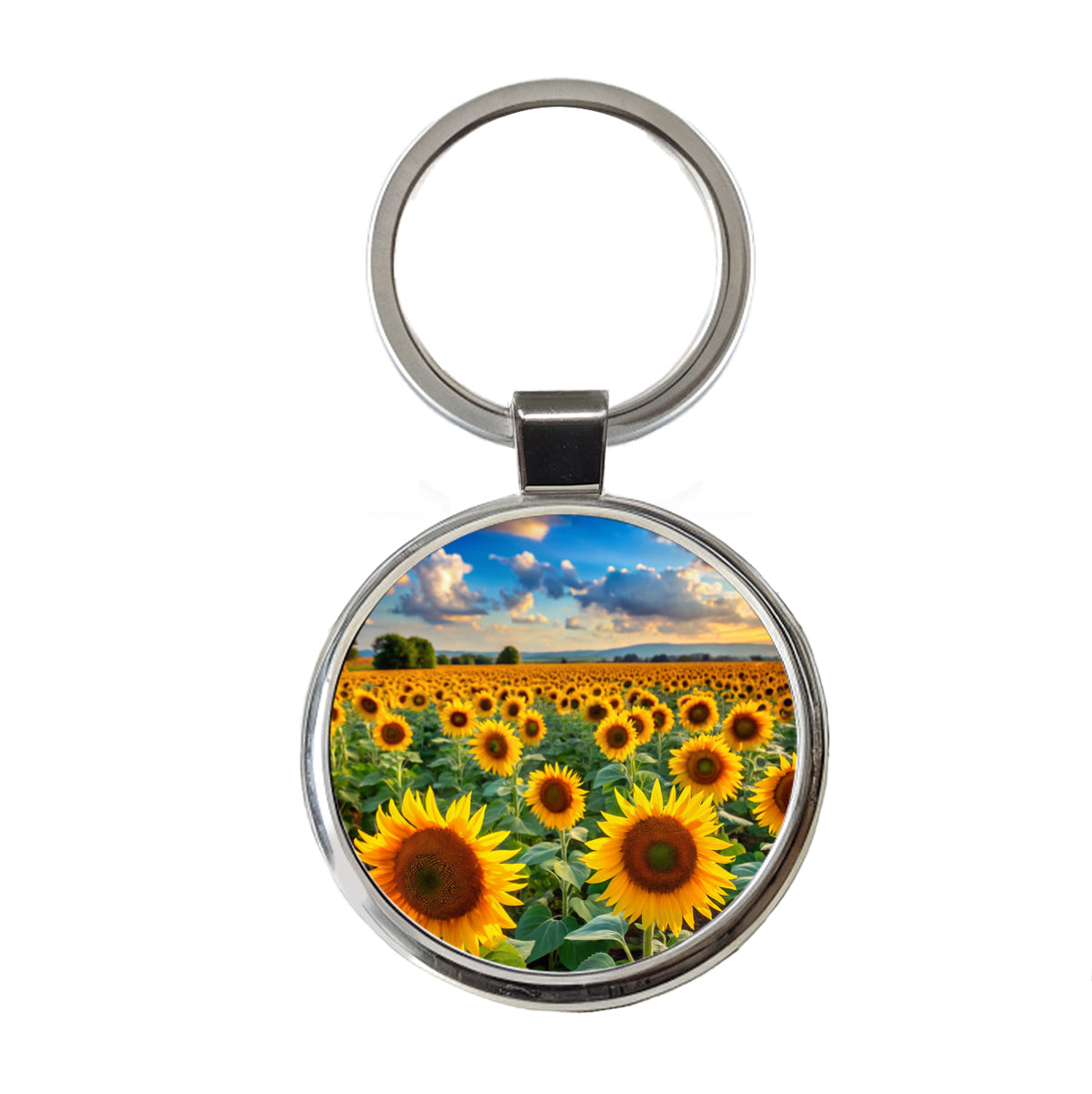 Field Of Sunflowers Round Metal Keychain
