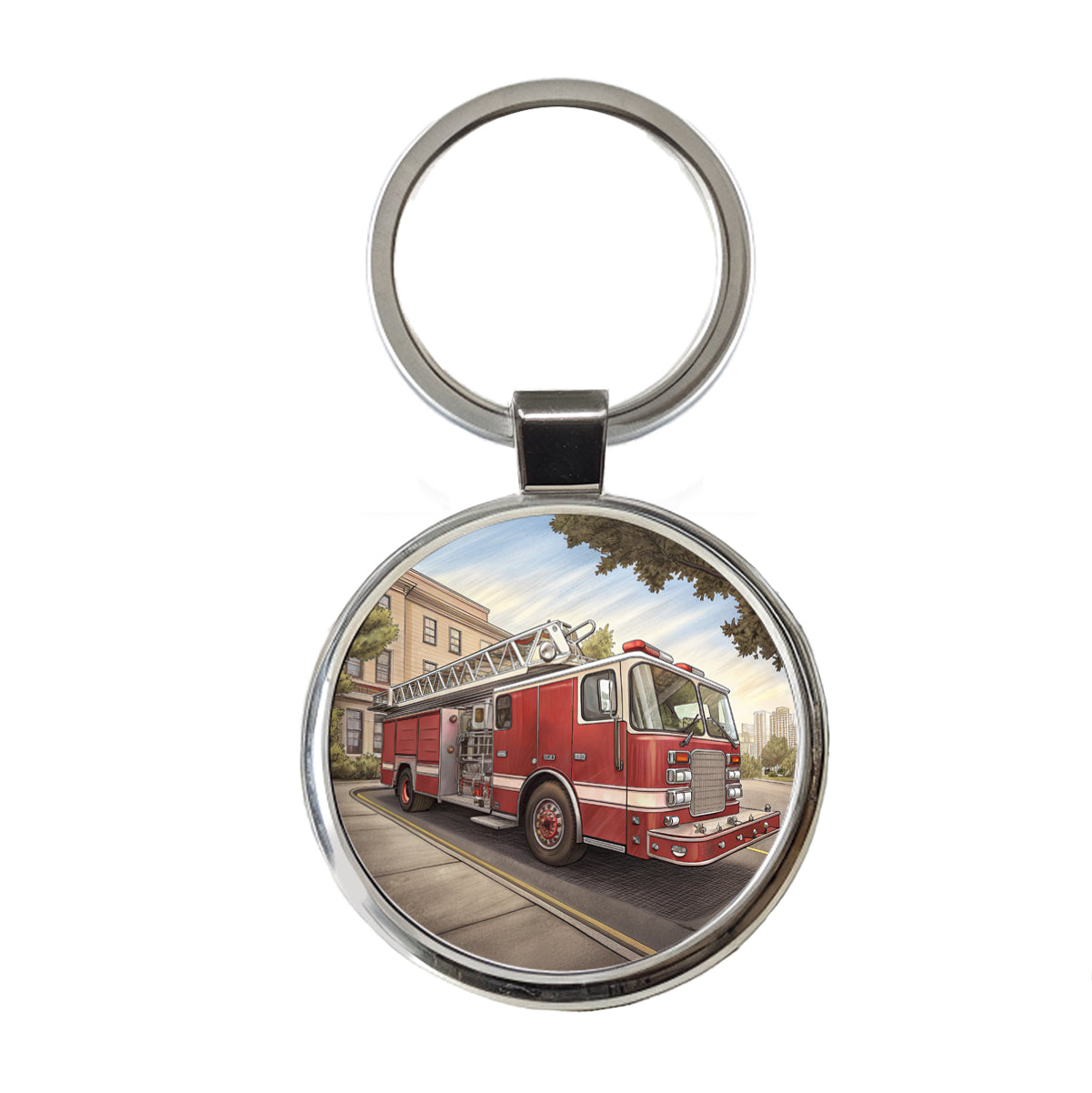 Fire Engine Firefighter Ladder Truck Round Metal Keychain