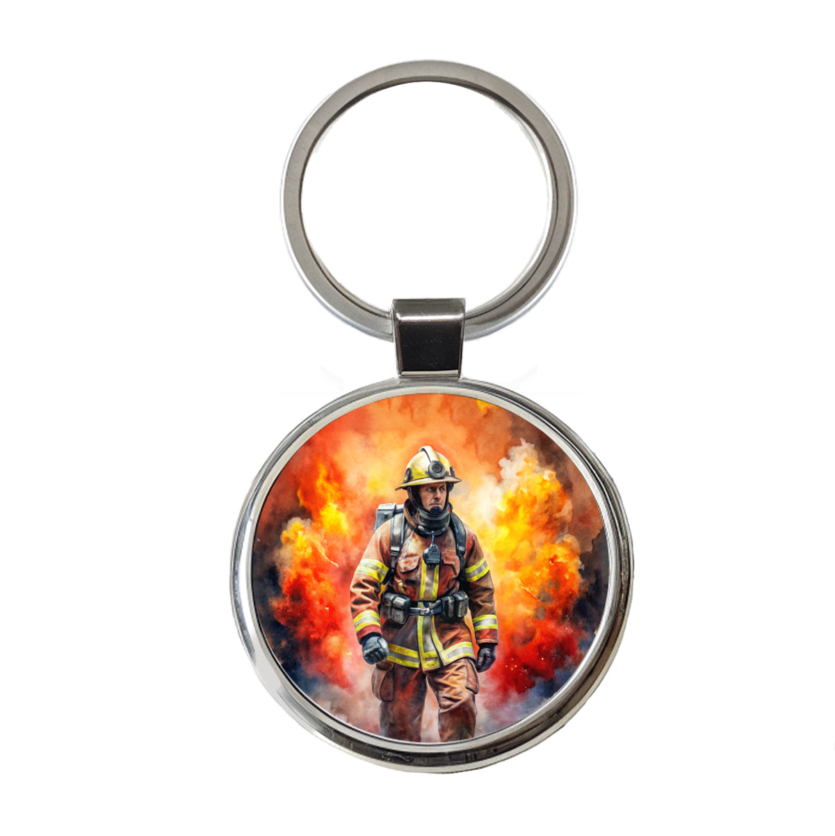 Firefighter Walking Out of Flames Watercolor Round Metal Keychain