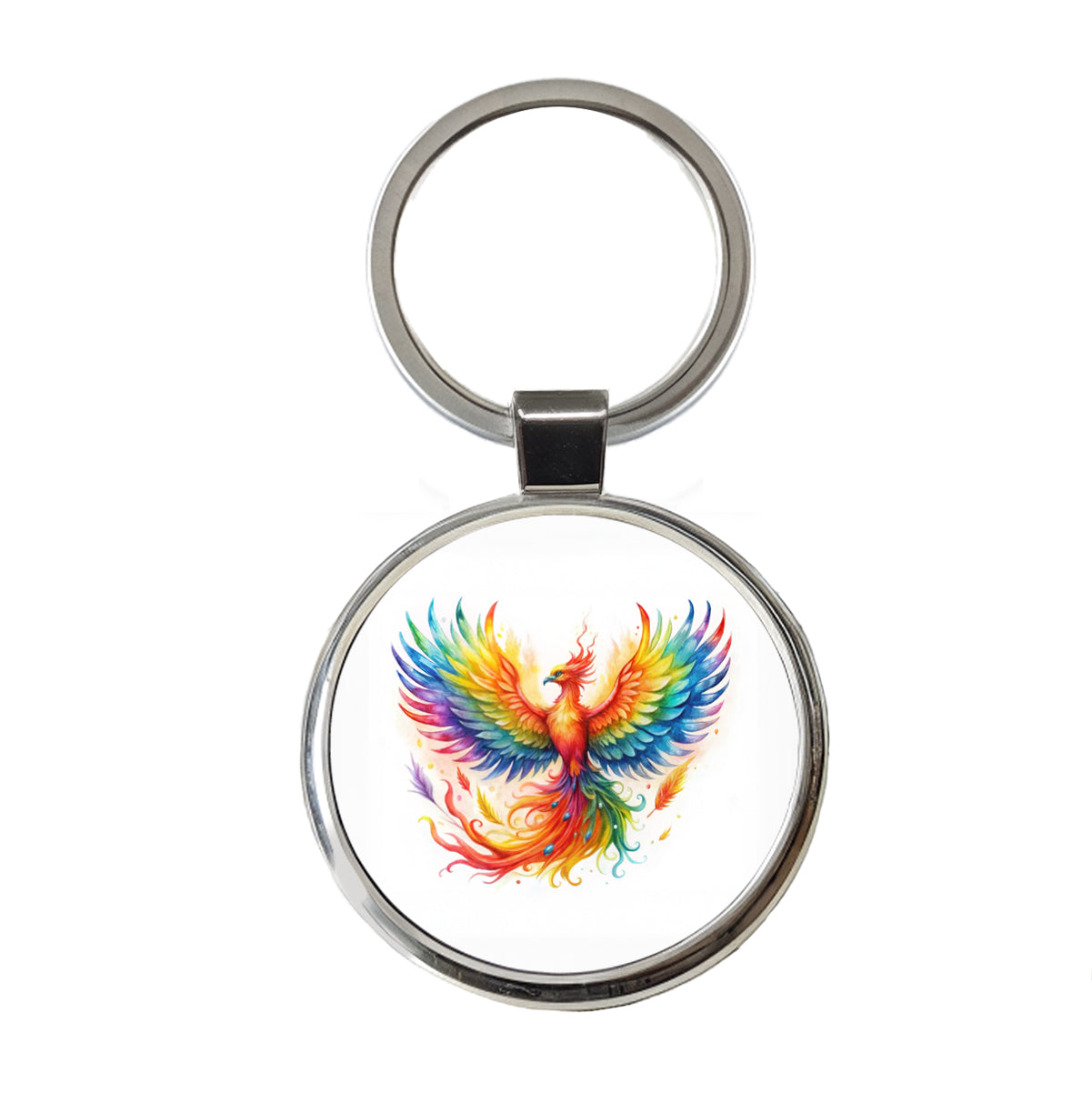 Flaming Rainbow Phoenix Rising Fantasy Watercolor Round Metal Keychain
