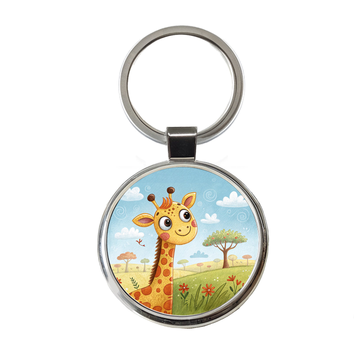 Giraffe Children's Illustration Style Round Metal Keychain