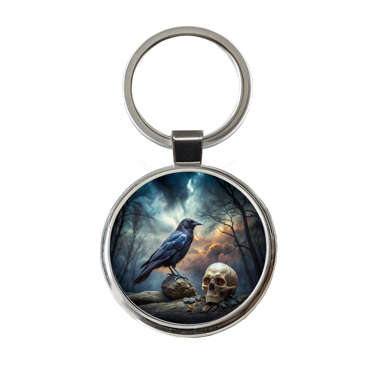 Gothic Raven Death Skull Halloween Round Metal Keychain