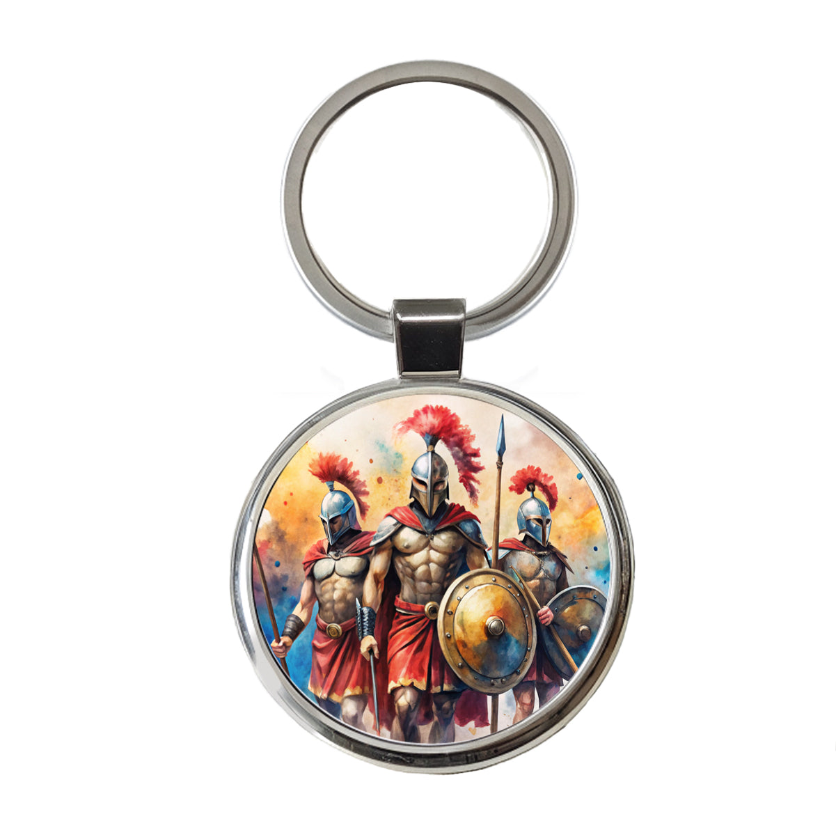 Greek Warriors Spartans Watercolor Round Metal Keychain