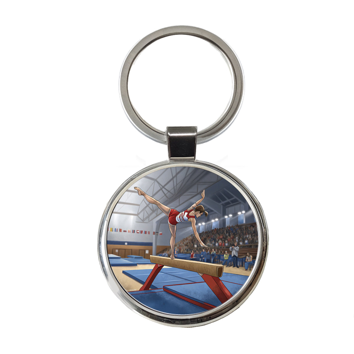 Gymnastics Balance Beam Round Metal Keychain