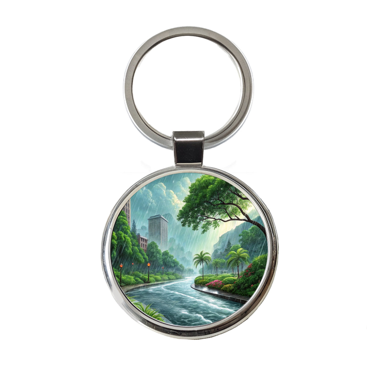 Heavy Monsoon Rain Storm City Landscape Round Metal Keychain
