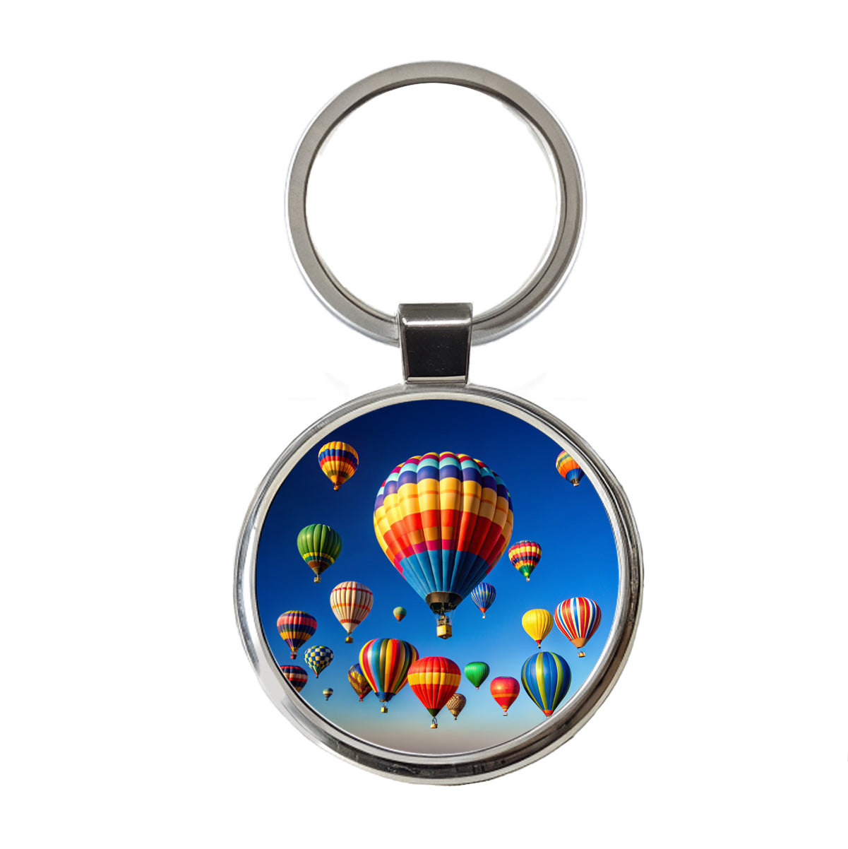 Hot Air Balloons Against a Blue Sky Round Metal Keychain