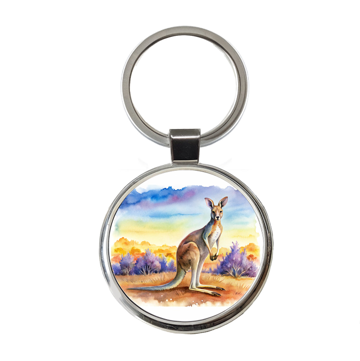 Kangaroo In The Fields Of Australia Watercolor Round Metal Keychain