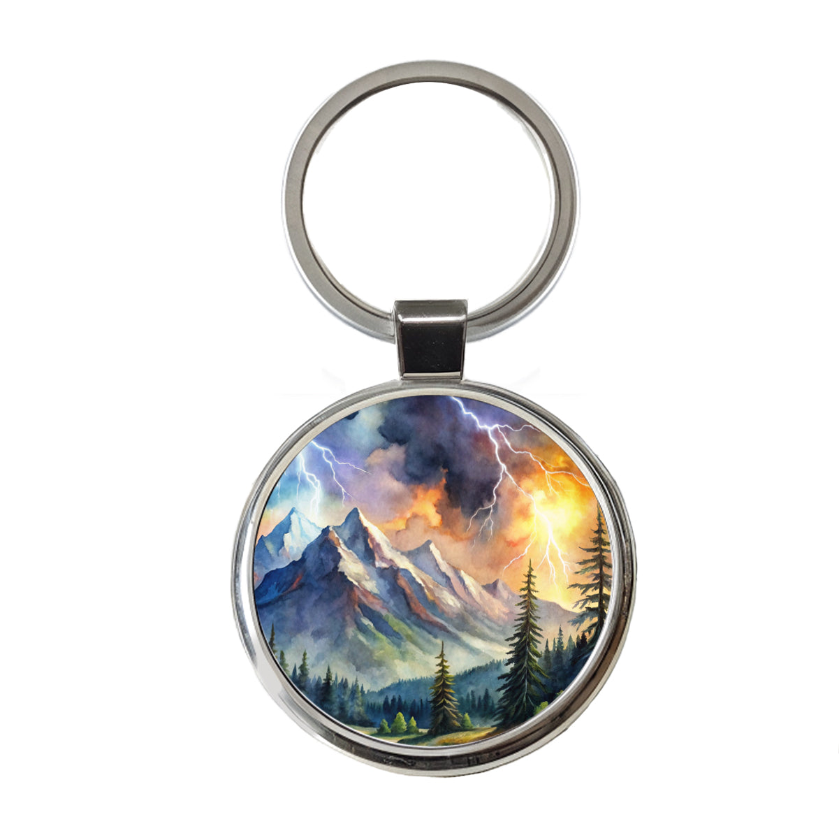 Lighting In The Mountains Watercolor Round Metal Keychain