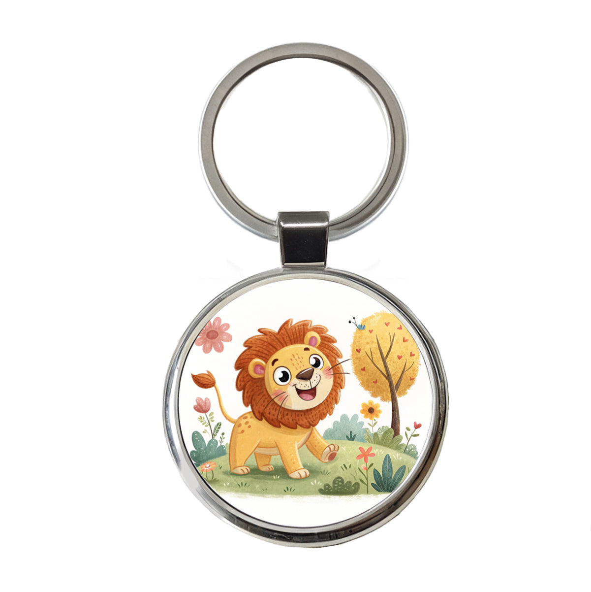 Lion Children's Illustration Style Round Metal Keychain