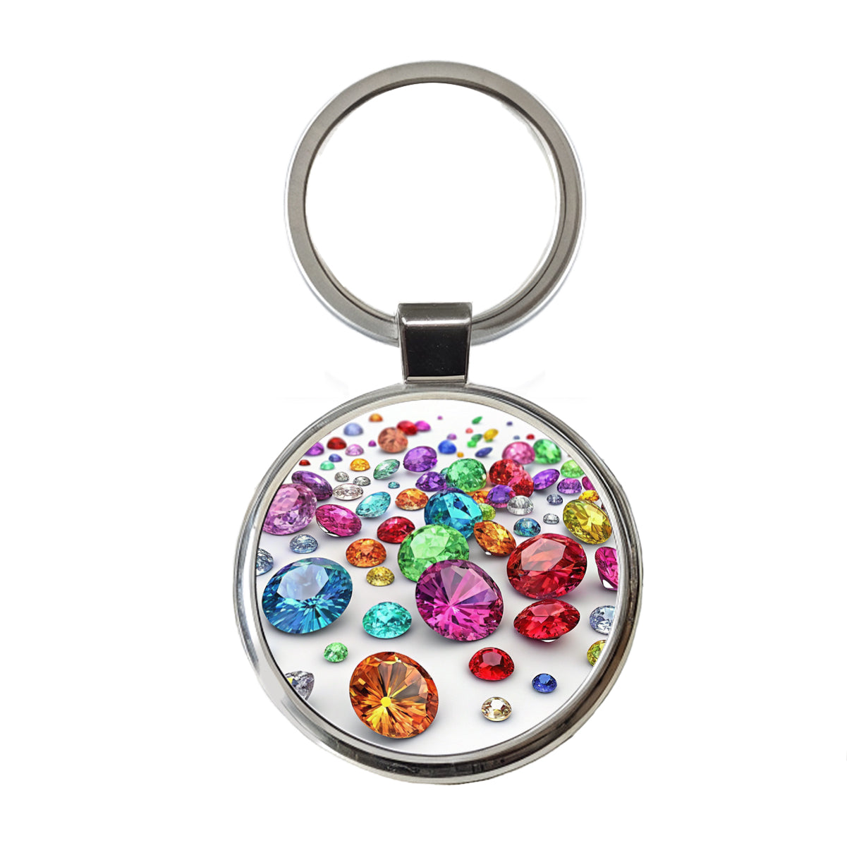 Lots of Colorful Gems Round Metal Keychain