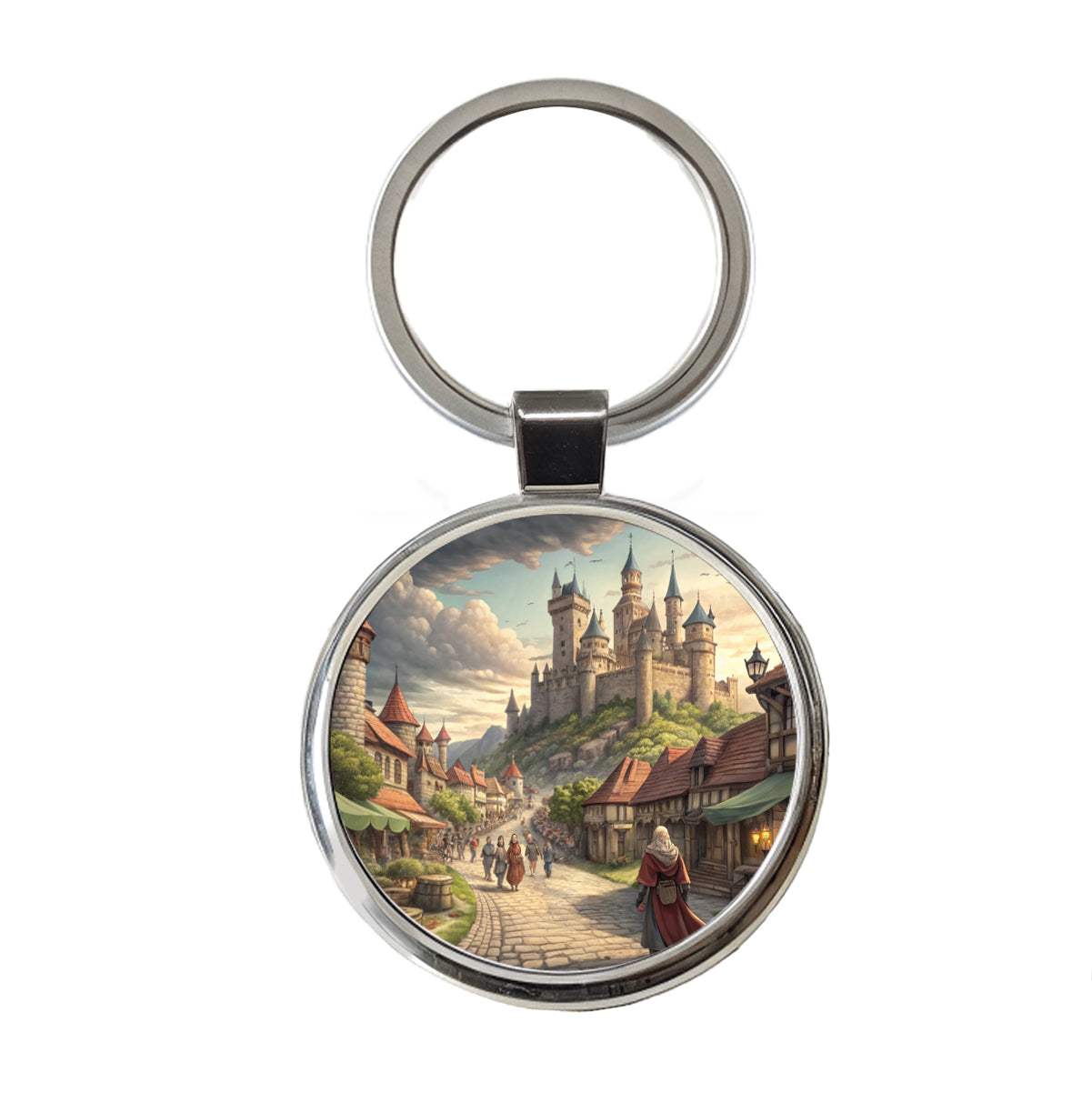 Medieval Kingdom Village with Castle Round Metal Keychain