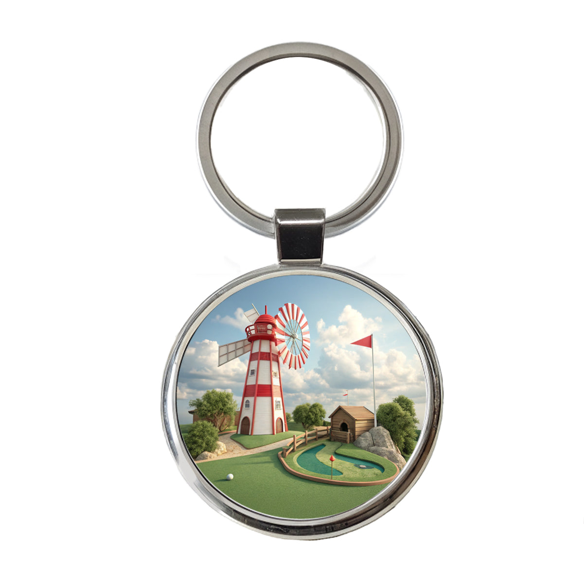 Miniature Golf Course Windmill Round Metal Keychain