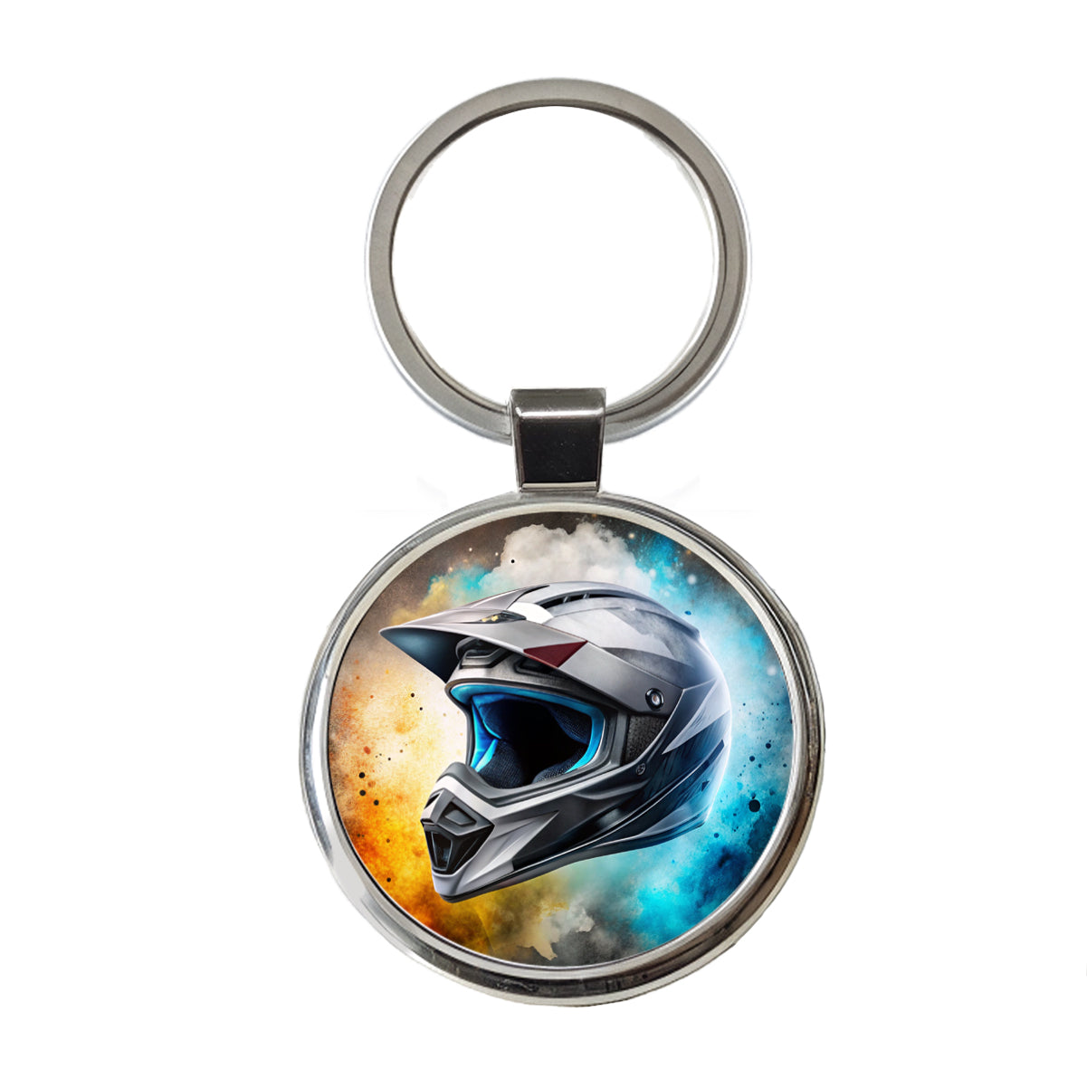 Motocross Racing Bike Helmet Black Watercolor Round Metal Keychain