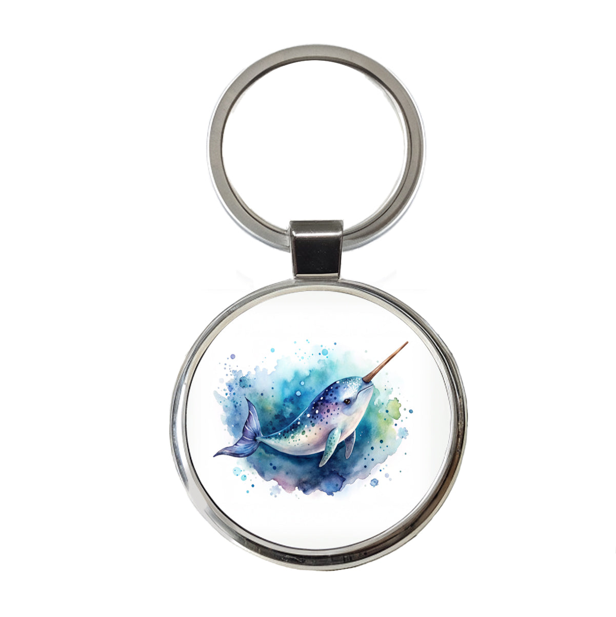 Narwhal Swimming Unicorn of the Sea Watercolor Round Metal Keychain