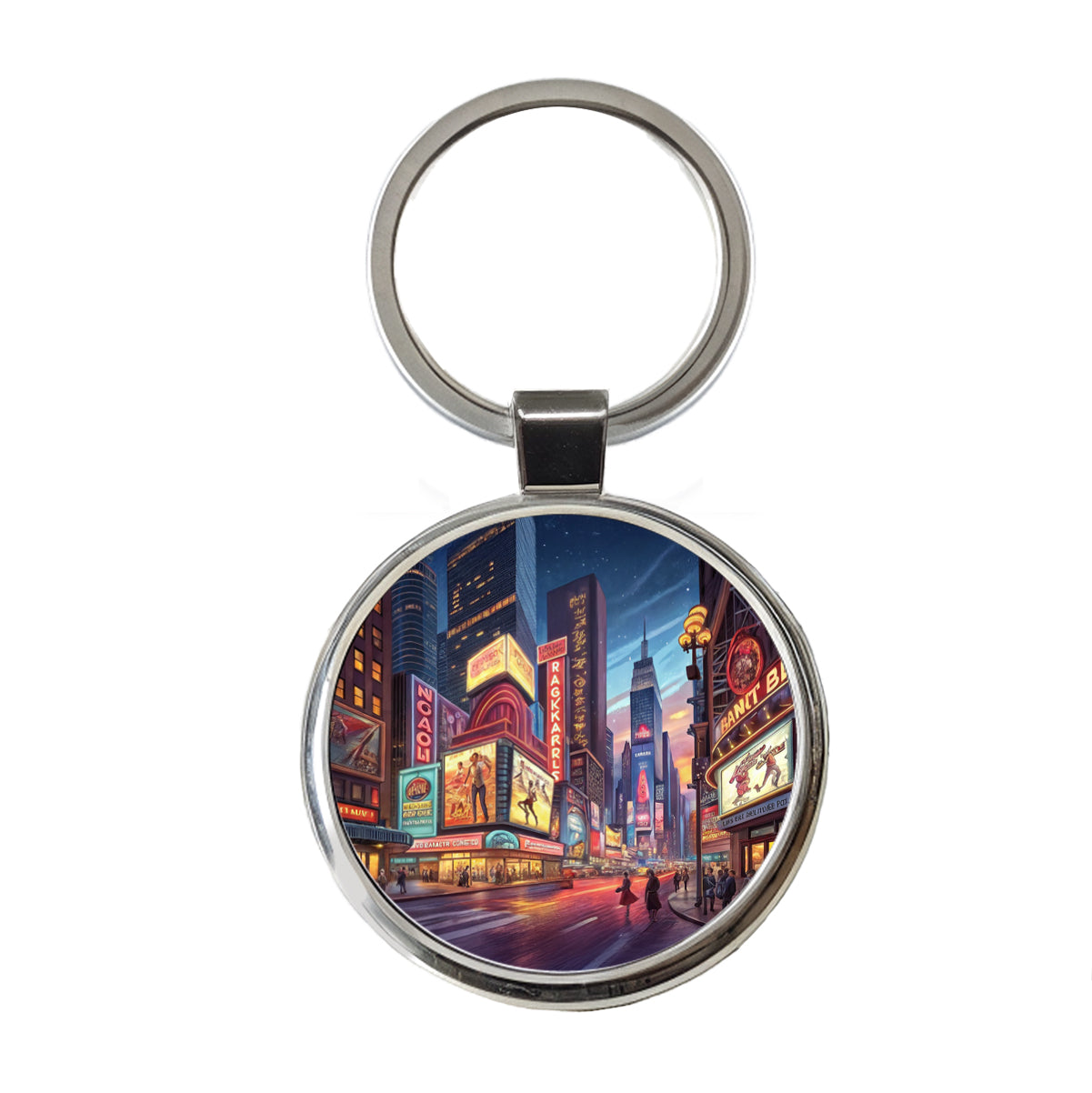 Neon Lights of City Center at Night Round Metal Keychain
