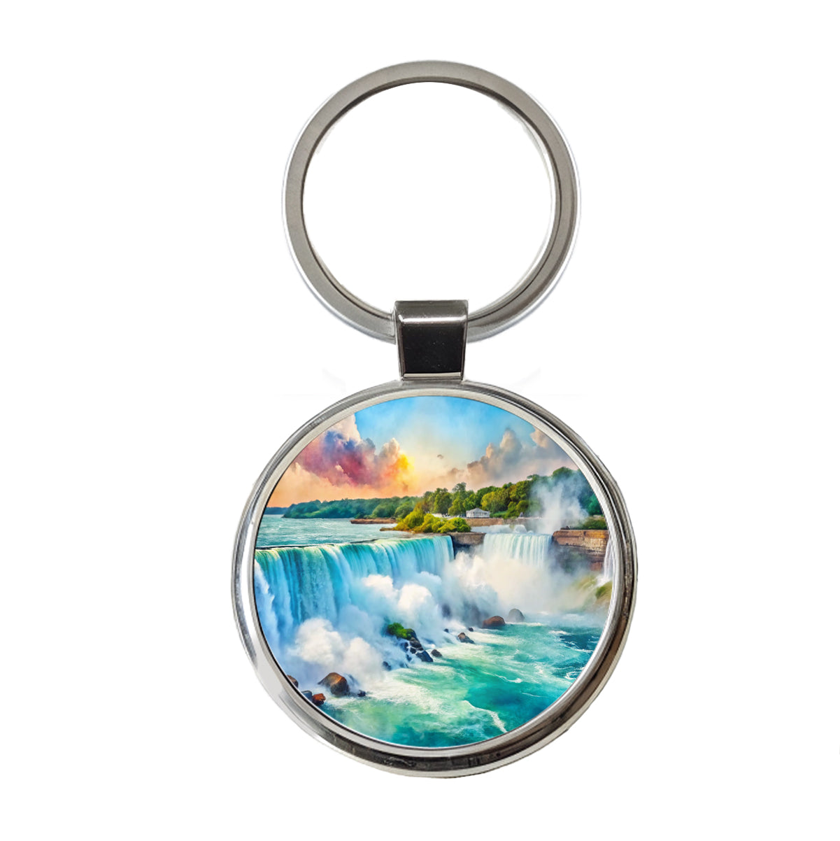 Niagara Falls New York Watercolor Round Metal Keychain